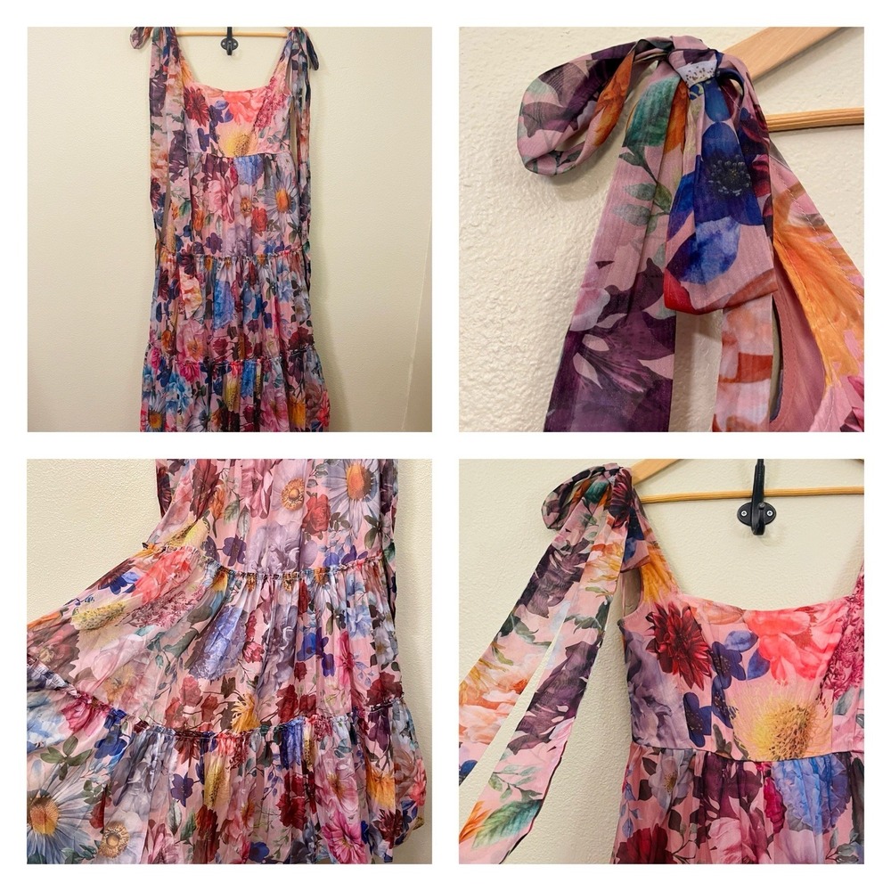 Francesca's Audrey Parks Alahna Floral Maxi Dress Pink Tie Strap Fairy Tutu Sz S
